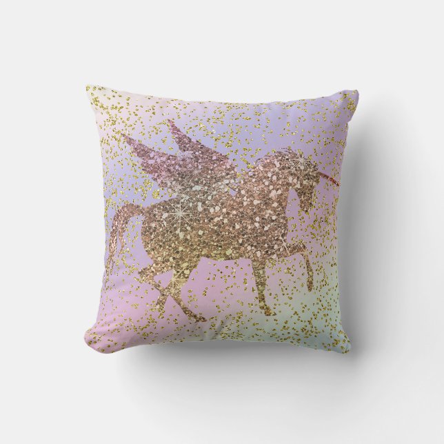 Rainbow Pastel Guld Glitter Unicorn Trendig Girls Kudde (Framsida)