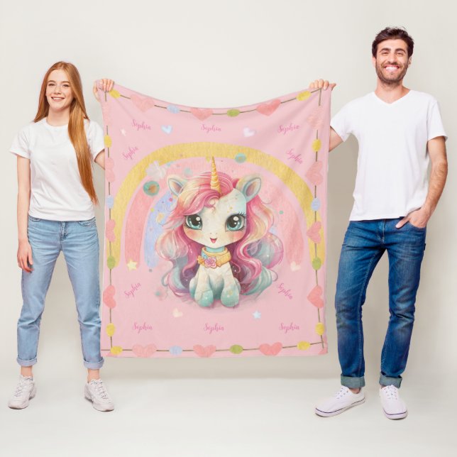 Rainbow Pastel Ro Kawaii Unicorn Fleecefilt (På plats)