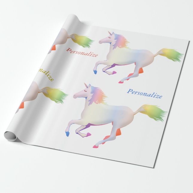 Rainbow Pastel Unicorn Personalize Presentpapper (Utrullad)