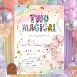 Rainbow Pastel Unicorn Two Magical 2nd birthday In Inbjudningar