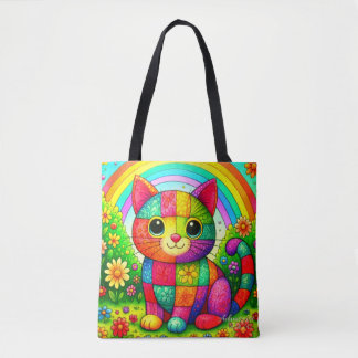 Rainbow Patchwork Cat Art Tygkasse