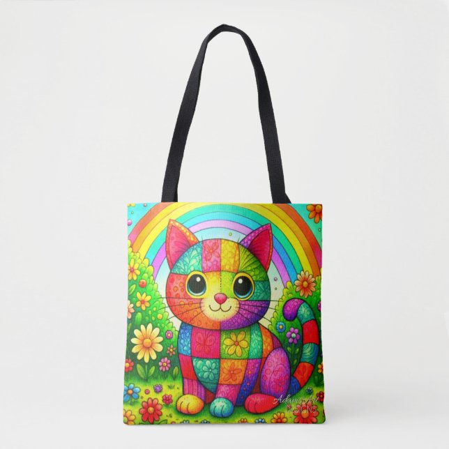 Rainbow Patchwork Cat Art Tygkasse (Framsida)