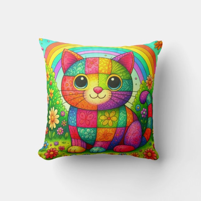 Rainbow Patchwork Whimsical Colorful Kitty Kudde (Framsida)