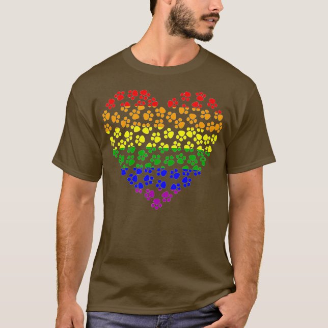 Rainbow Paw Print Heart Gay pride Flagga Hund älsk T Shirt (Framsida)