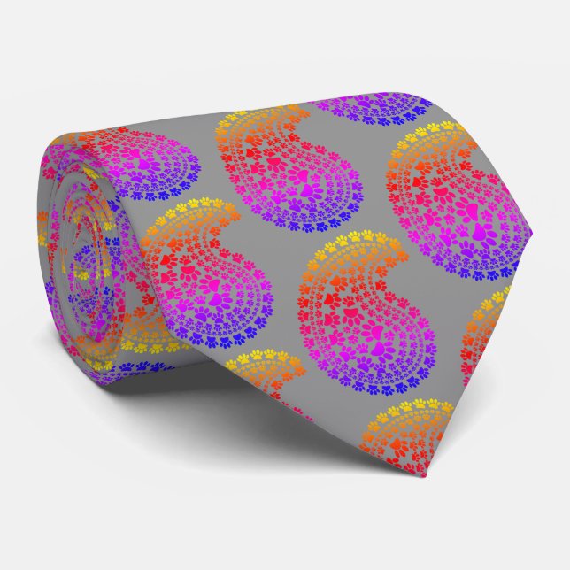 Rainbow Paw Print Paisley Mönster Light Grått Slips (Rullad)
