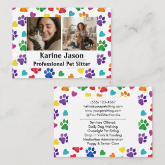Rainbow Paw Prints  Hearts Customizable Pet Sitter Visitkort