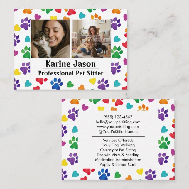 Rainbow Paw Prints  Hearts Customizable Pet Sitter Visitkort (Fram/baksida)