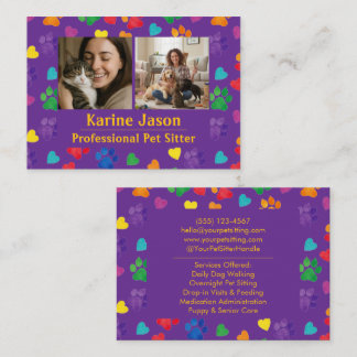 Rainbow Paw Prints  Hearts Customizable Pet Sitter Visitkort