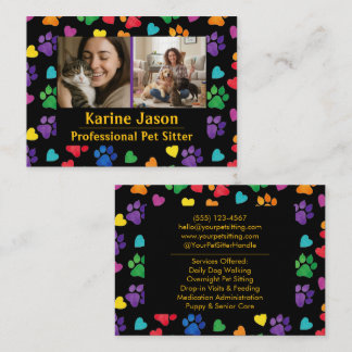 Rainbow Paw Prints  Hearts Customizable Pet Sitter Visitkort