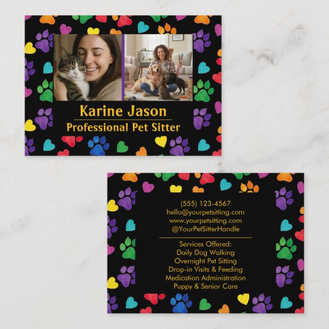 Rainbow Paw Prints  Hearts Customizable Pet Sitter Visitkort (Fram/baksida)