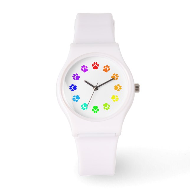 Rainbow Pawprint White Women's Watch Armbandsur (Framsida)