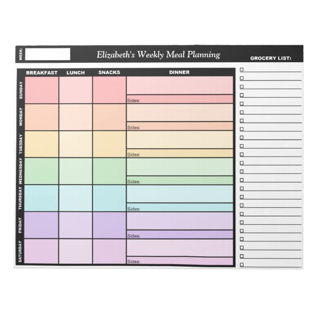 Rainbow Personlig Weekly Meal Planning Antecknings Anteckningsblock (Framsida)