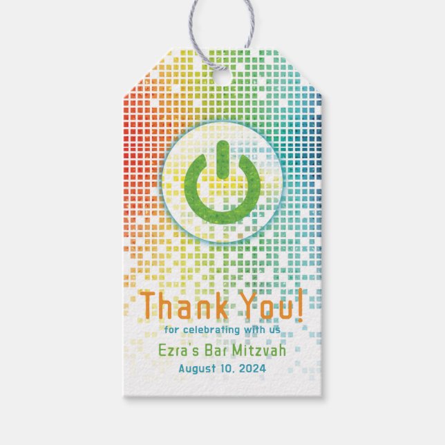 Rainbow Pixel Video Game Gamer Pub Mitzvah Presentetikett (Framsidan)