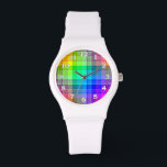 Rainbow Play Anpassningsbar Armbandsur<br><div class="desc">Detta regnbåge i mönster är ljust och färglöst,  med en lätt struktur-effekt. Det är ett levande,  dynamiskt schackrat mönster som ser söt som det är eller som bakgrund för din text eller ditt foto. Vakannumren är vita med en svart kontur.</div>