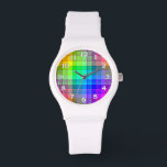 Rainbow Play Anpassningsbar Armbandsur<br><div class="desc">Detta regnbåge i mönster är ljust och färglöst,  med en lätt struktur-effekt. Det är ett levande,  dynamiskt schackrat mönster som ser söt som det är eller som bakgrund för din text eller ditt foto. Vakannumren är vita med en svart kontur.</div>