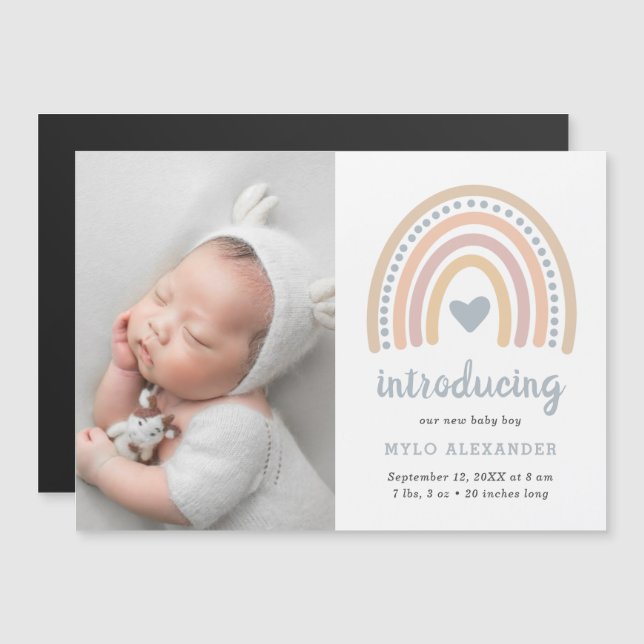 Rainbow Pojke Photo Birth Announcement Magnet (Fram/baksida)