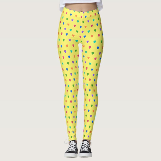 Rainbow polka-hjärtan på gult leggings (Framsida)