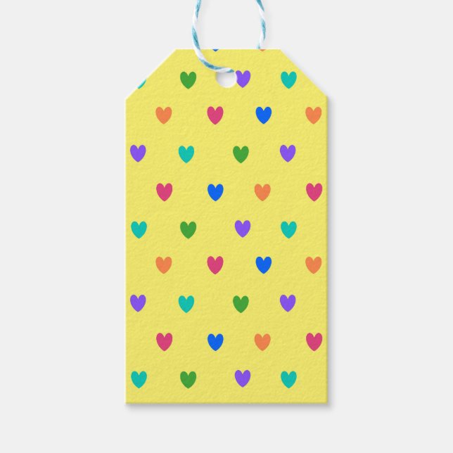 Rainbow polka-hjärtan på gult presentetikett (Framsidan)