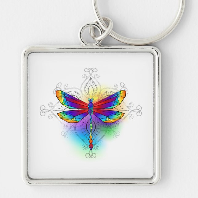 Rainbow Polygonal Dragonfly Fyrkantig Silverfärgad Nyckelring (Framsidan)