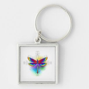 Rainbow Polygonal Dragonfly Fyrkantig Silverfärgad Nyckelring