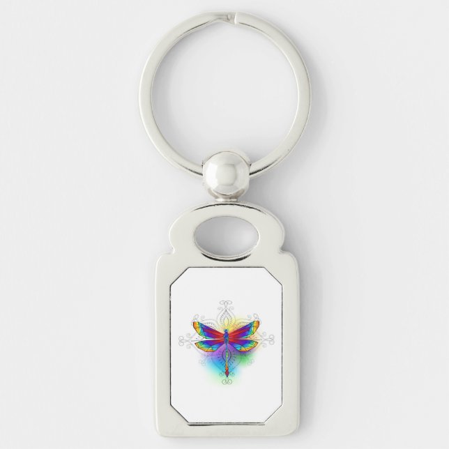 Rainbow Polygonal Dragonfly Rektangulärt Silverfärgad Nyckelring (Framsidan)