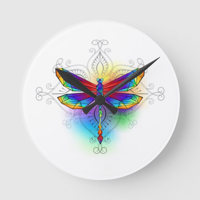 Rainbow Polygonal Dragonfly Rund Klocka (Framsida)