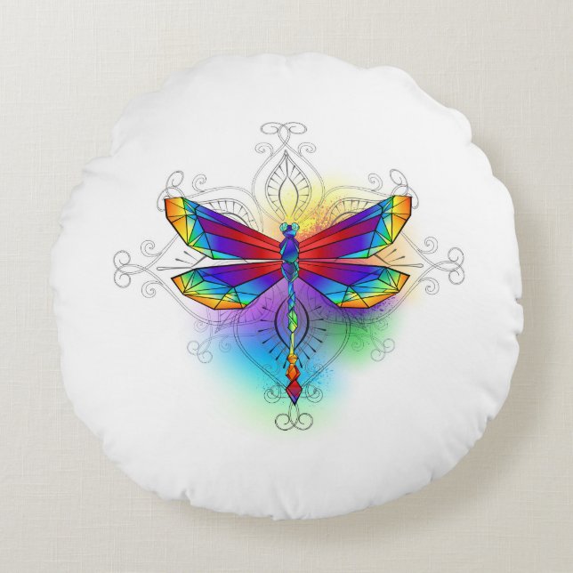 Rainbow Polygonal Dragonfly Rund Kudde (Framsidan)