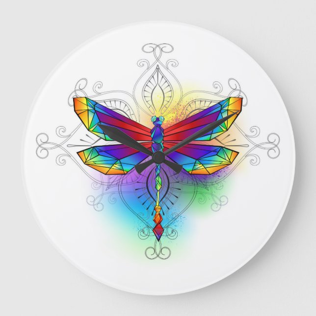 Rainbow Polygonal Dragonfly Stor Klocka (Framsida)