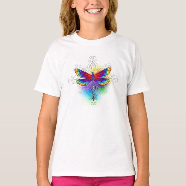 Rainbow Polygonal Dragonfly T Shirt (Framsida)