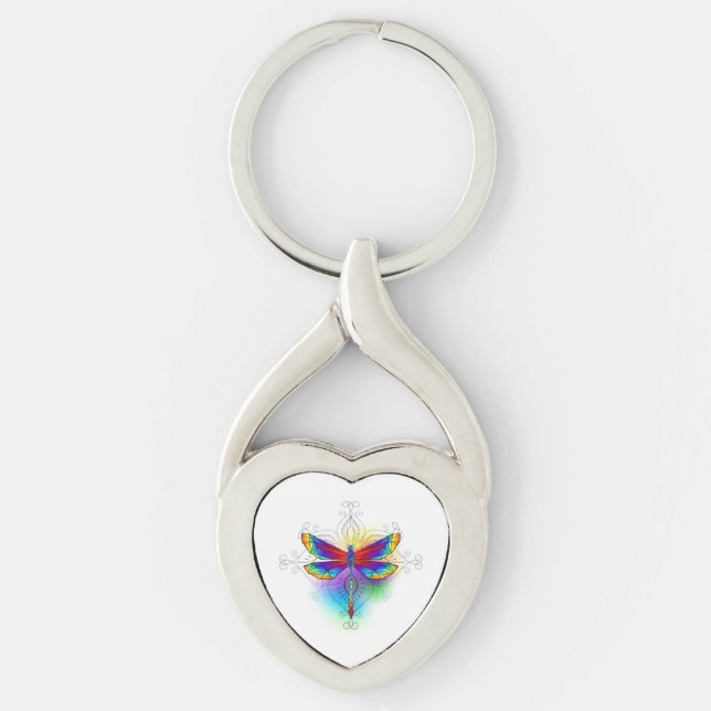 Rainbow Polygonal Dragonfly Twisted Heart Silverfärgad Nyckelring (Framsidan)