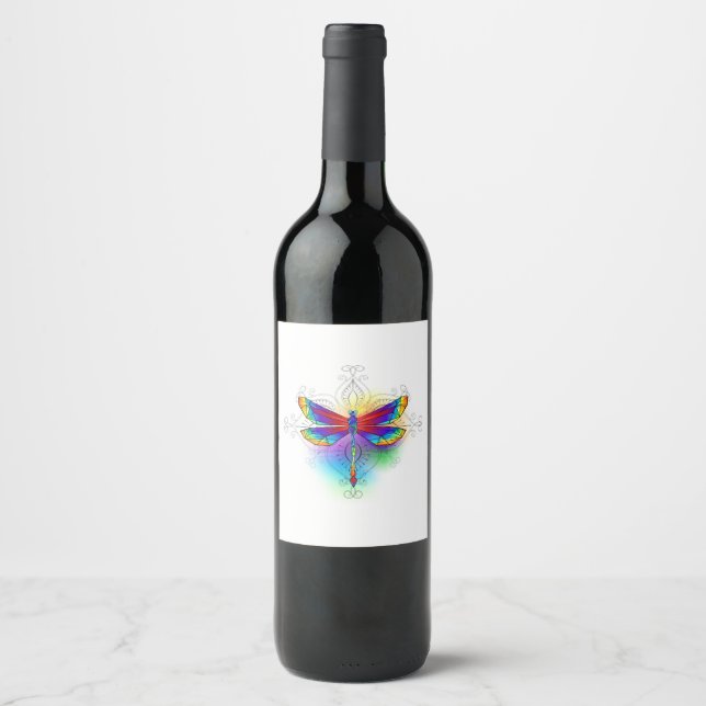 Rainbow Polygonal Dragonfly Vinflaska Etikett (Framsida)