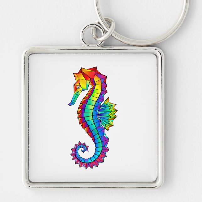 Rainbow Polygonal Seahorse Fyrkantig Silverfärgad Nyckelring (Framsidan)
