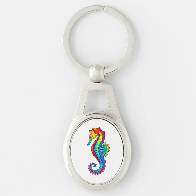 Rainbow Polygonal Seahorse Ovalt Silverfärgad Nyckelring (Framsidan)