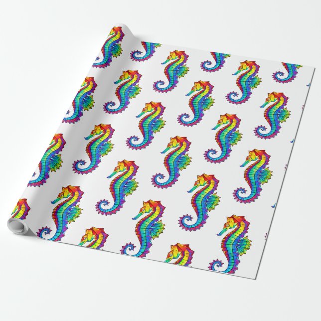 Rainbow Polygonal Seahorse Presentpapper (Utrullad)