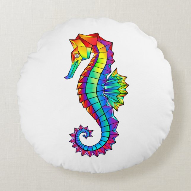 Rainbow Polygonal Seahorse Rund Kudde (Framsidan)