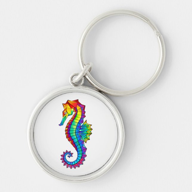 Rainbow Polygonal Seahorse Rund Silverfärgad Nyckelring (Framsidan)