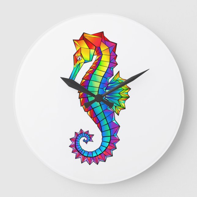 Rainbow Polygonal Seahorse Stor Klocka (Framsida)