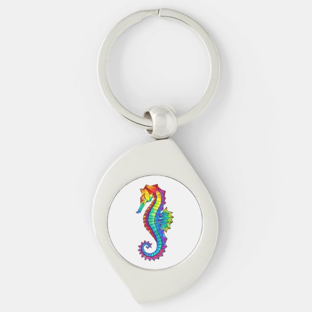 Rainbow Polygonal Seahorse Swirl Silverfärgad Nyckelring (Framsidan)