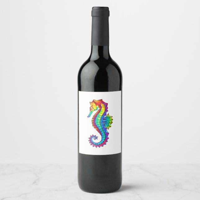 Rainbow Polygonal Seahorse Vinflaska Etikett (Framsida)
