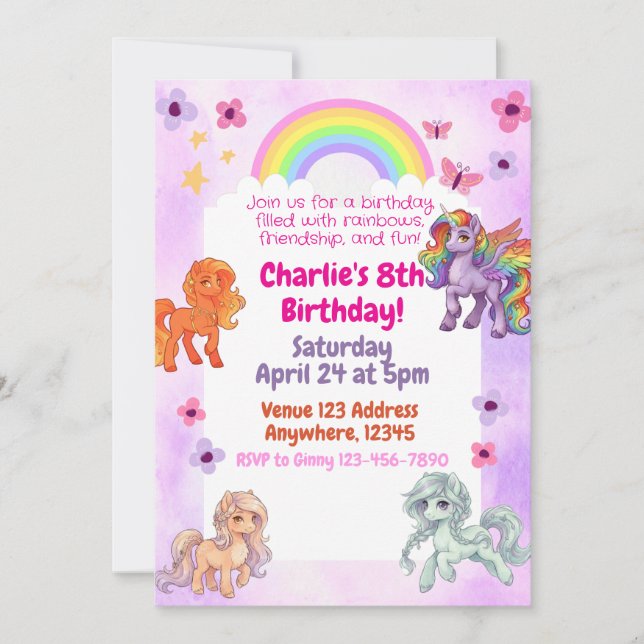 Rainbow Pony Birthday Party Invitation Inbjudningar (Framsida)