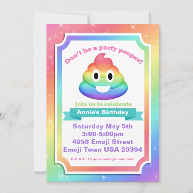 Rainbow Poop Emoji födelsedagsinbjudan Inbjudningar (Framsida)