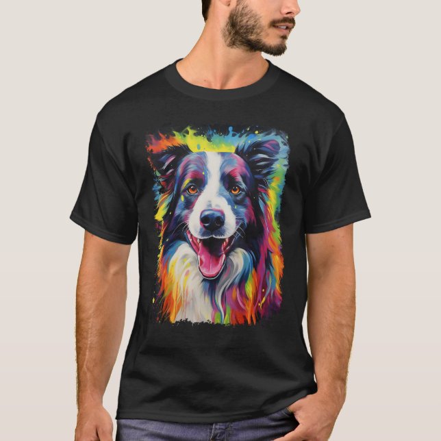 Rainbow Pop Art Hund Gräns Collie T Shirt (Framsida)