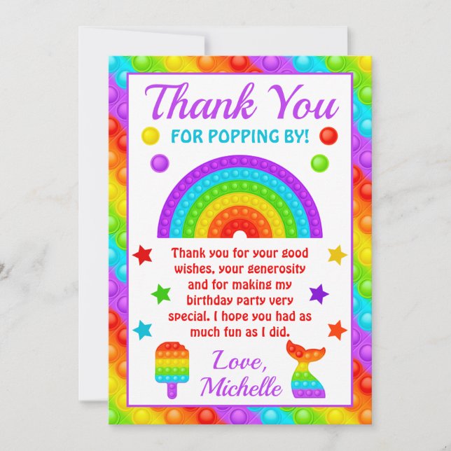 Rainbow Pop IT Fidget Leksak Födelsedagsfest Tack Kort (Framsida)