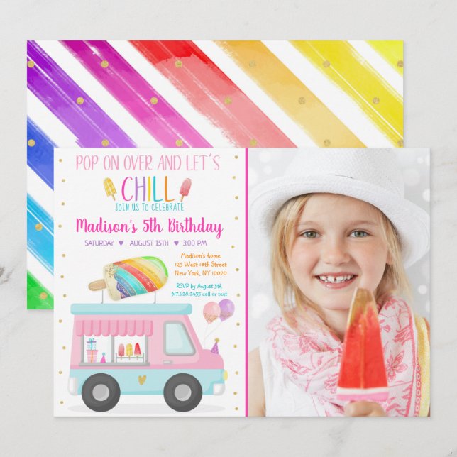 Rainbow Popsicle Ice Cream Lastbil Birthday Inbjudningar (Fram/baksida)