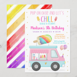 Rainbow Popsicle Ice Cream Lastbil Birthday Inbjudningar