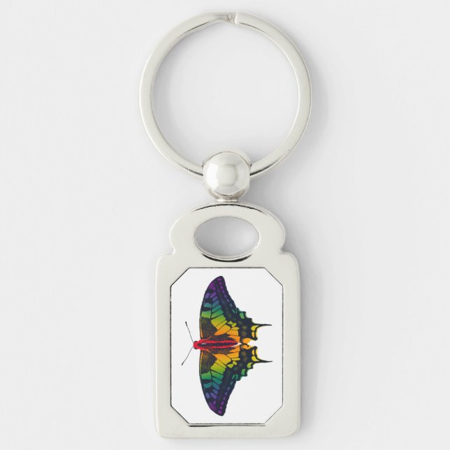 Rainbow Pride Flagga Swallowtail Butterfly Rektangulärt Silverfärgad Nyckelring (Framsidan)