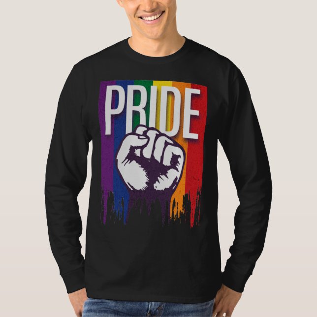 Rainbow Pride LGBTQ Flag Power to the People Fist  T Shirt (Framsida)