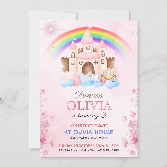 Rainbow Princess Castle Birthday Party Invitation Inbjudningar (Framsida)