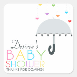 Rainbow Raindrops Grått Umbrella Baby Shower Fyrkantigt Klistermärke
