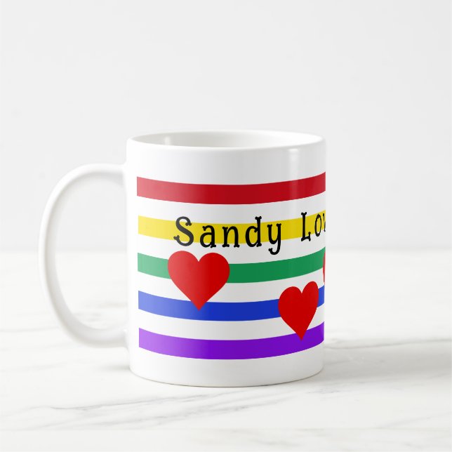 Rainbow Rand Hearts First Namn Customize Kaffemugg (Vänster)